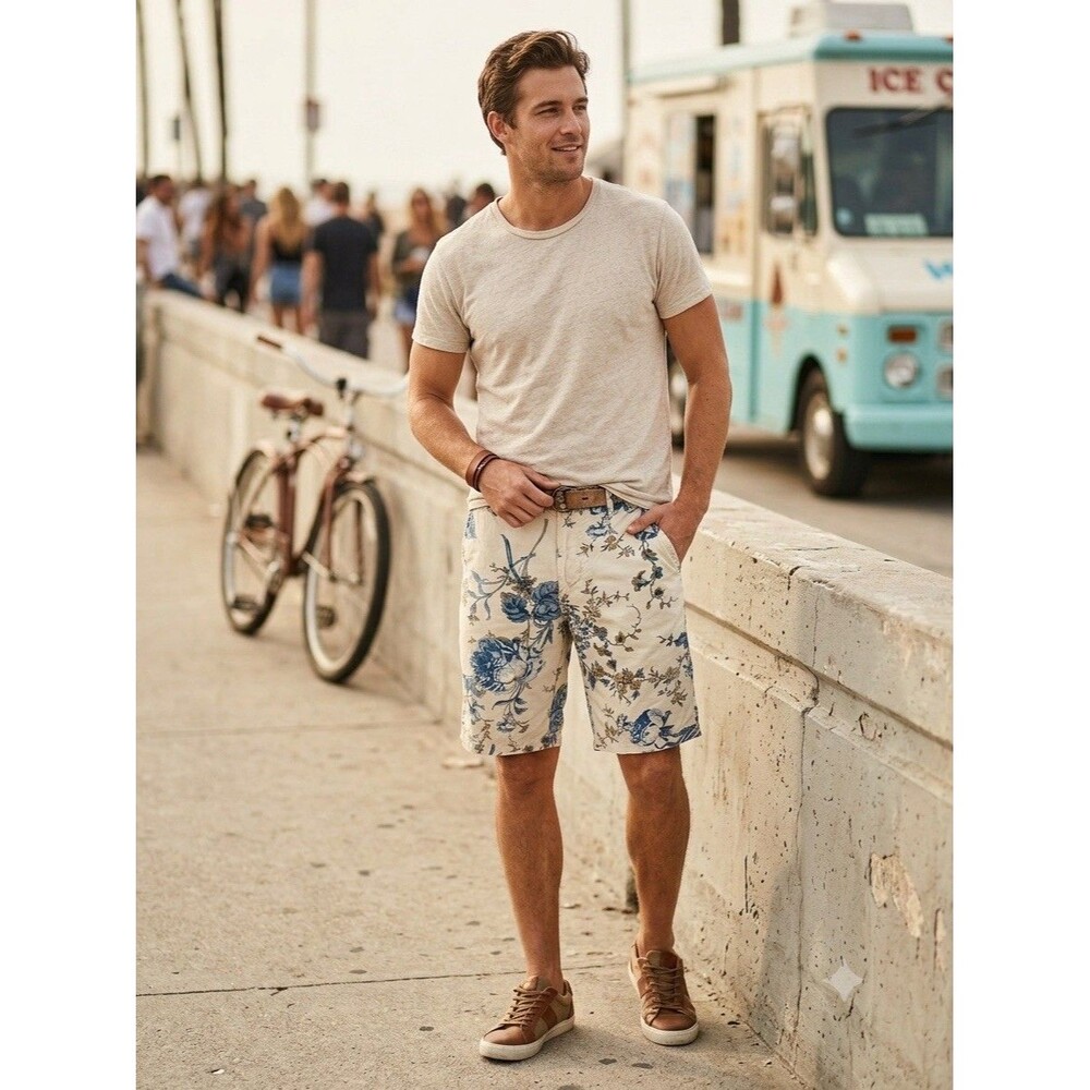 Denim & Supply Ralph Lauren Floral Shorts Mens 38 Chino Flat Front Cream Blue
